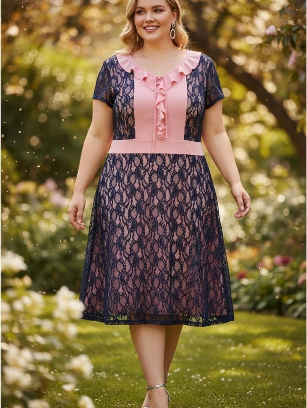 Plus-Size Navy Lace Midi Dress with Pink Accents